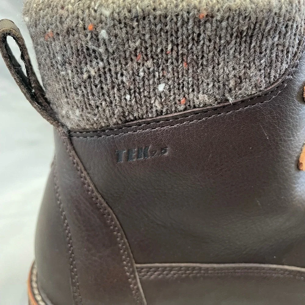 LL Bean Stonington Boots Women 8.5 Dark Brown Leather Sweater Fleece Knit TEK2.5